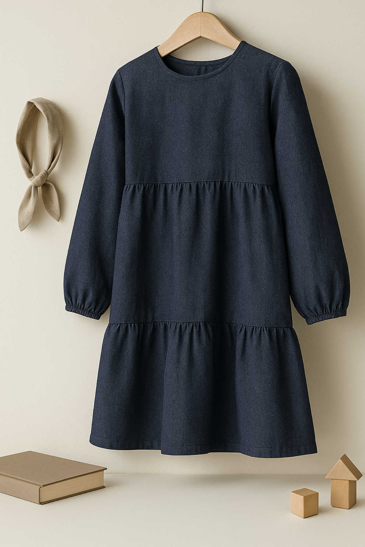 Lacivert Pamuk Kız Çocuk Modest Midi Elbise