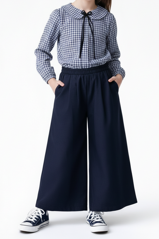 Kız Çocuk Lacivert Bol Paça Pantolon-Kurdeleli Gömlek Takımı