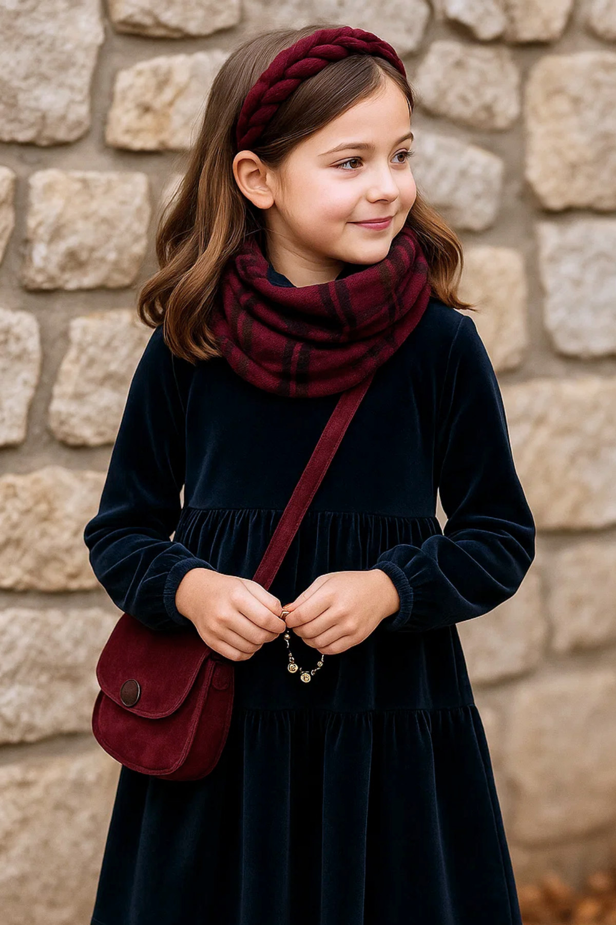 Kadife Kız Çocuk Midi Boy Lacivert Elbise