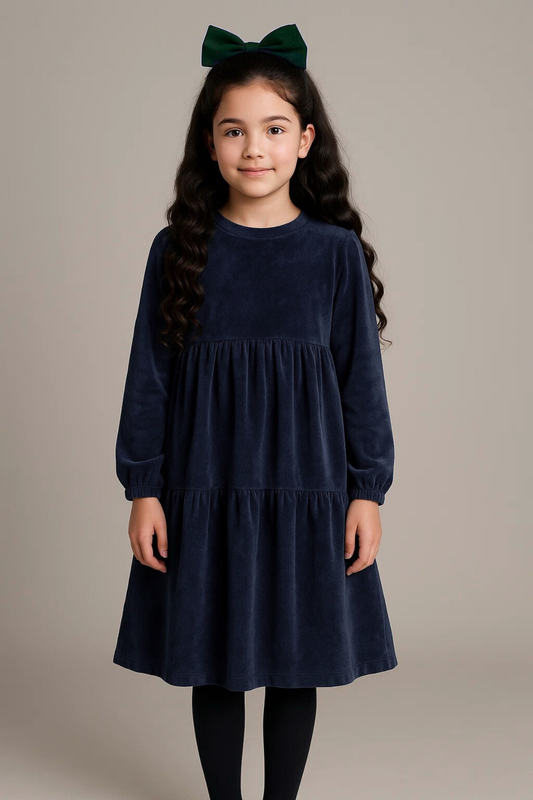 Kadife Kız Çocuk Midi Boy Lacivert Elbise