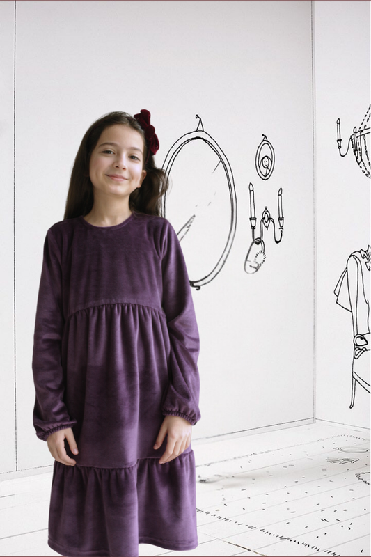 Kız Çocuk Modest Pamuk Kadife Midi Elbise