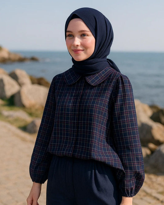 Lacivert Pileli Lastikli Bol Pantolon ve Kareli Lacivert Gömlek Takım