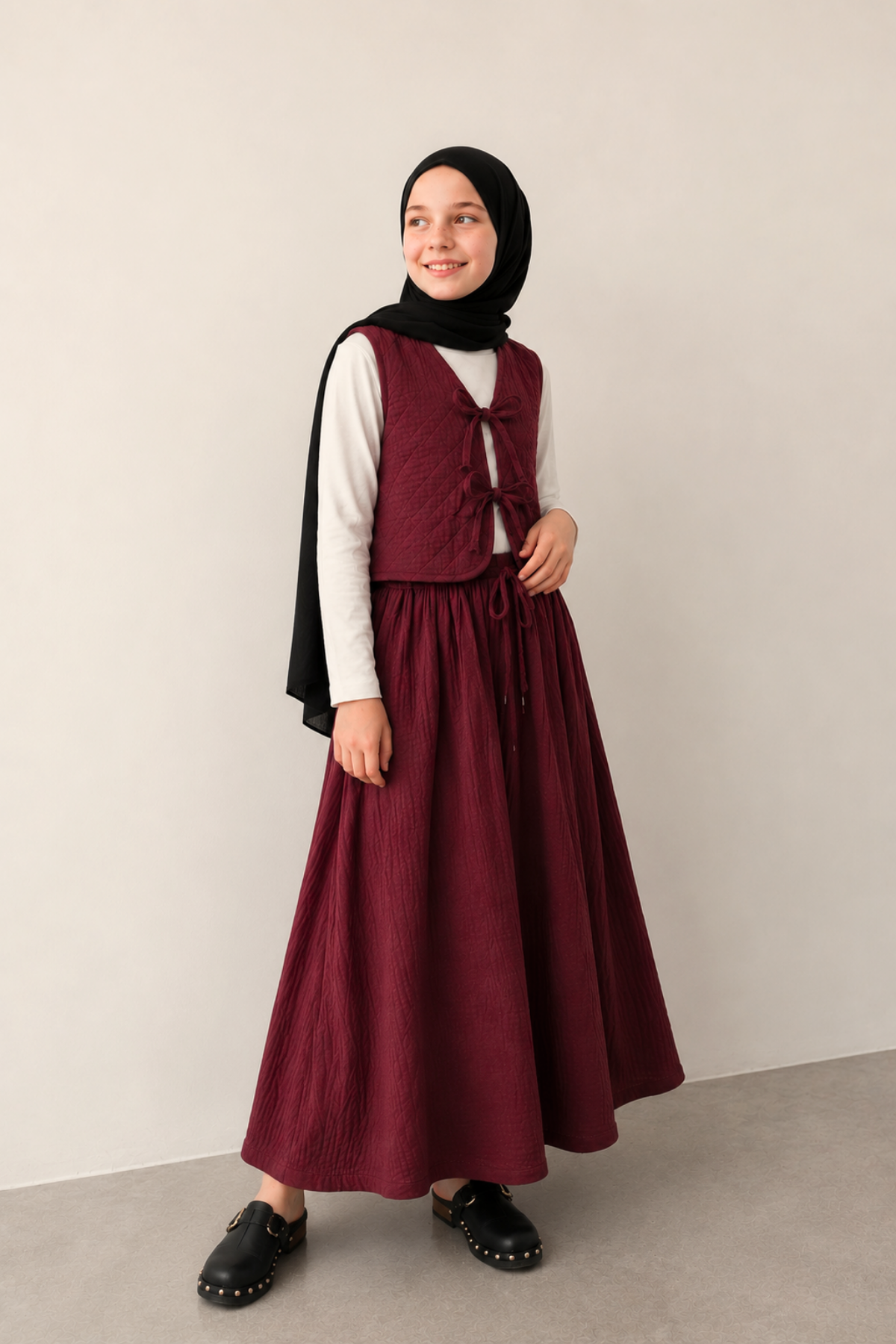 Vişne Kız Çocuk Müslin Kapitone Yelek Etek 2'li Takım(%100 Pamuk)
