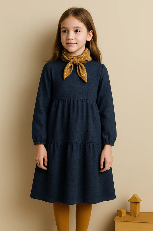 Lacivert Pamuk Kız Çocuk Modest Midi Elbise