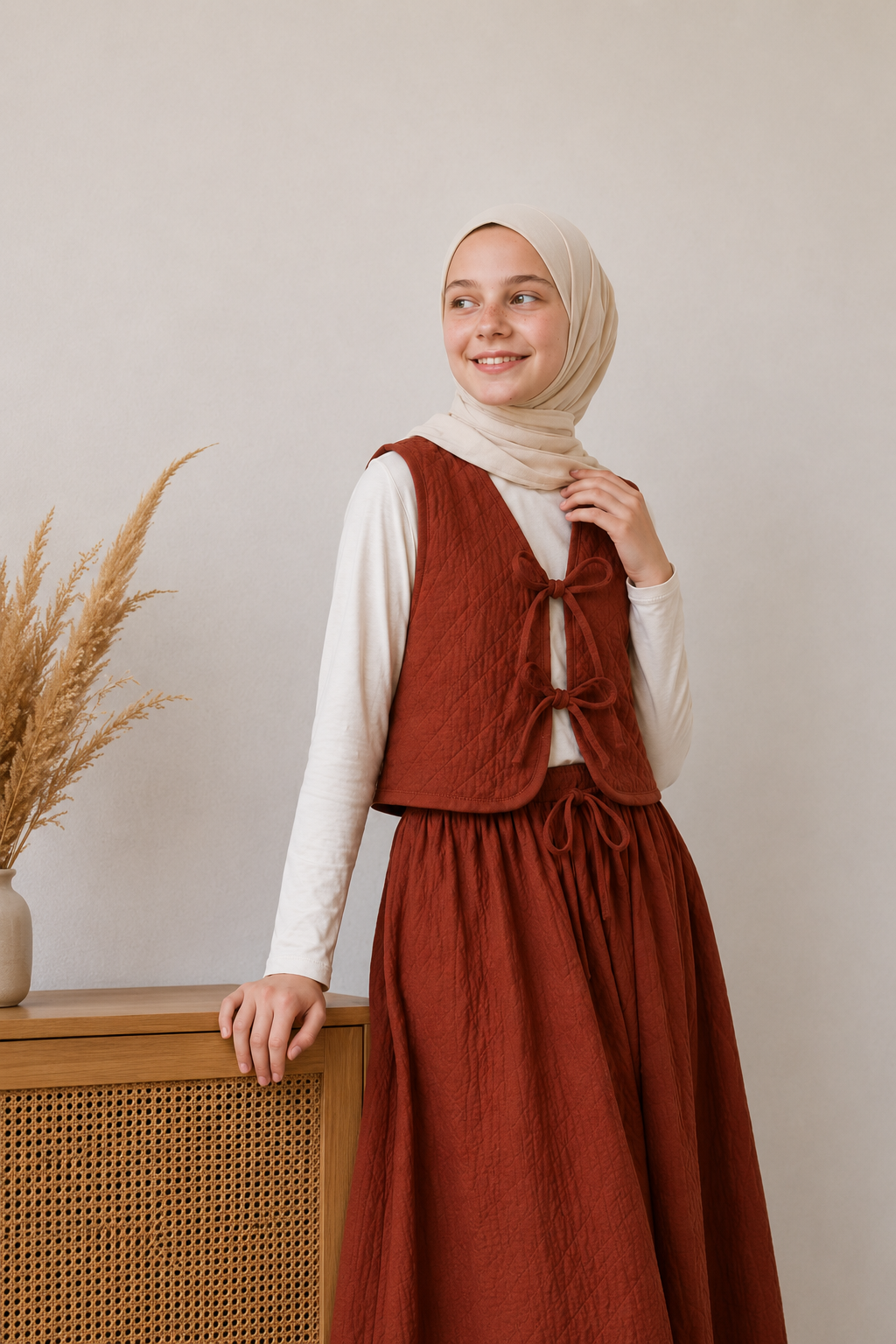 Kiremit Kız Çocuk Müslin Kapitone Yelek Etek 2'li Takım