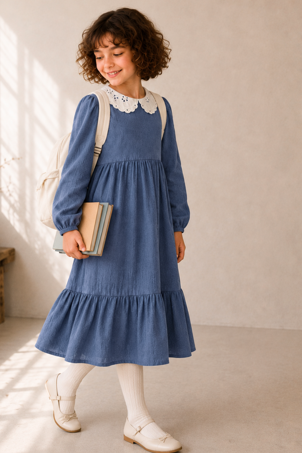 Brode Yaka Müslin Midi Elbise-Mavi