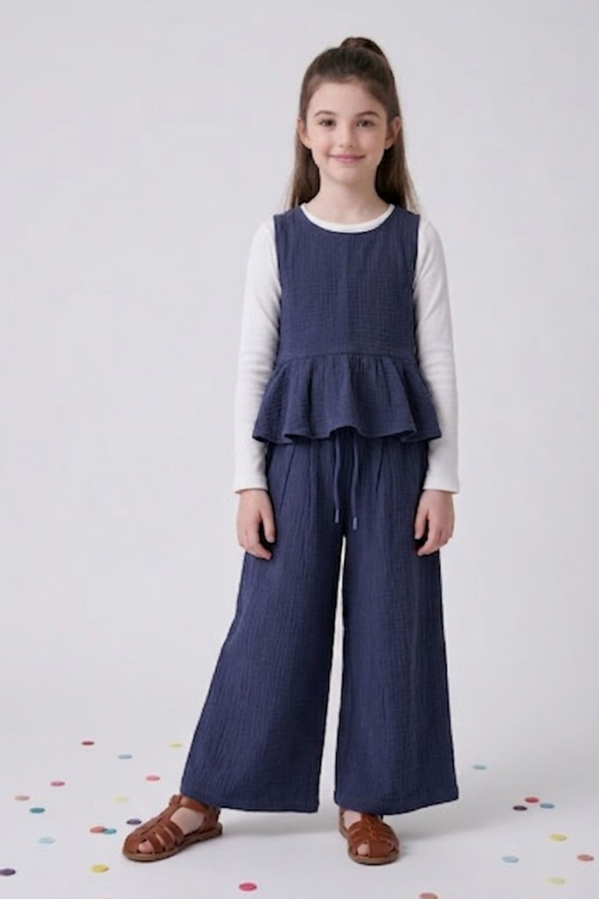 Kız Çocuk Müslin Bluz Pantolon 2'li Takım