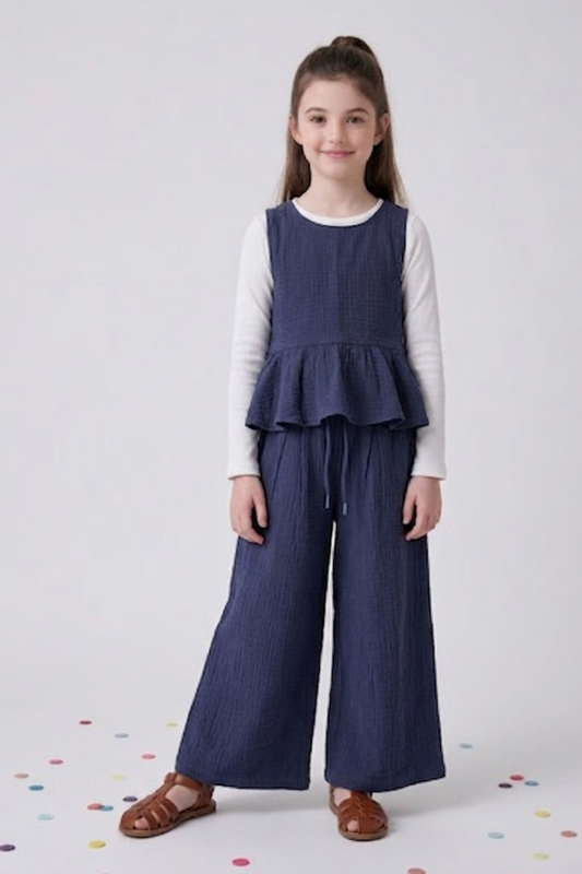 Kız Çocuk Müslin Bluz Pantolon 2'li Takım